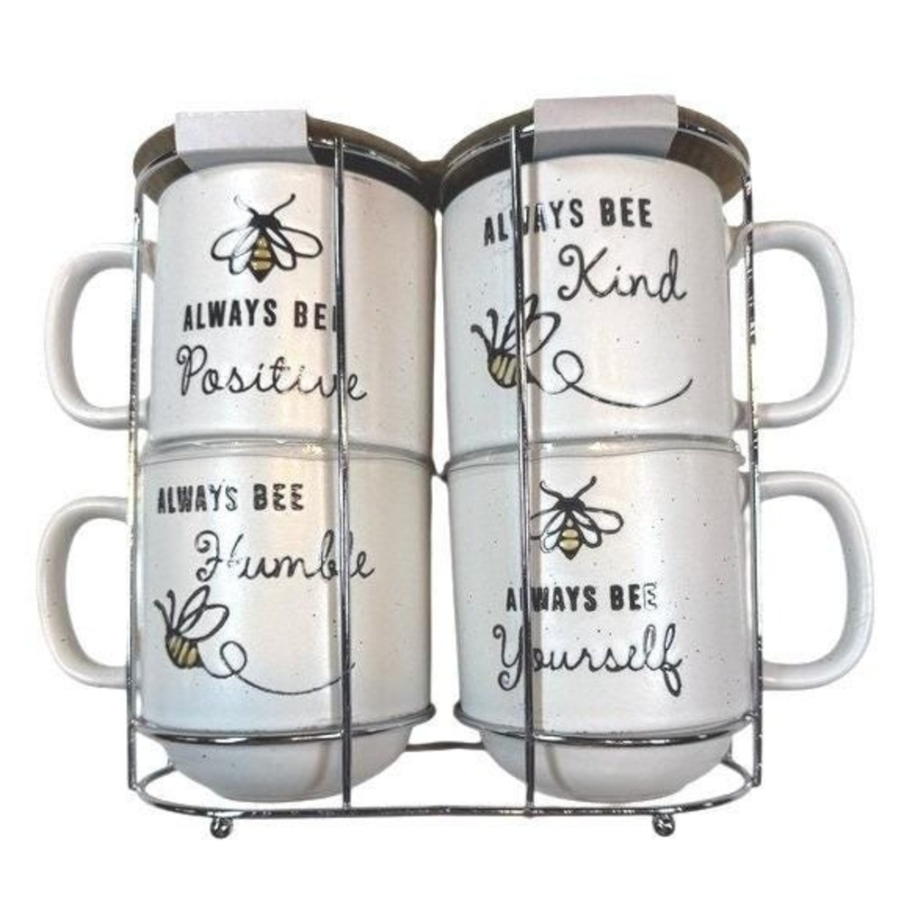 New Heartland Hive Bee Coffee Mugs Set 4 White Stackable Rack 12oz Cottage Farm